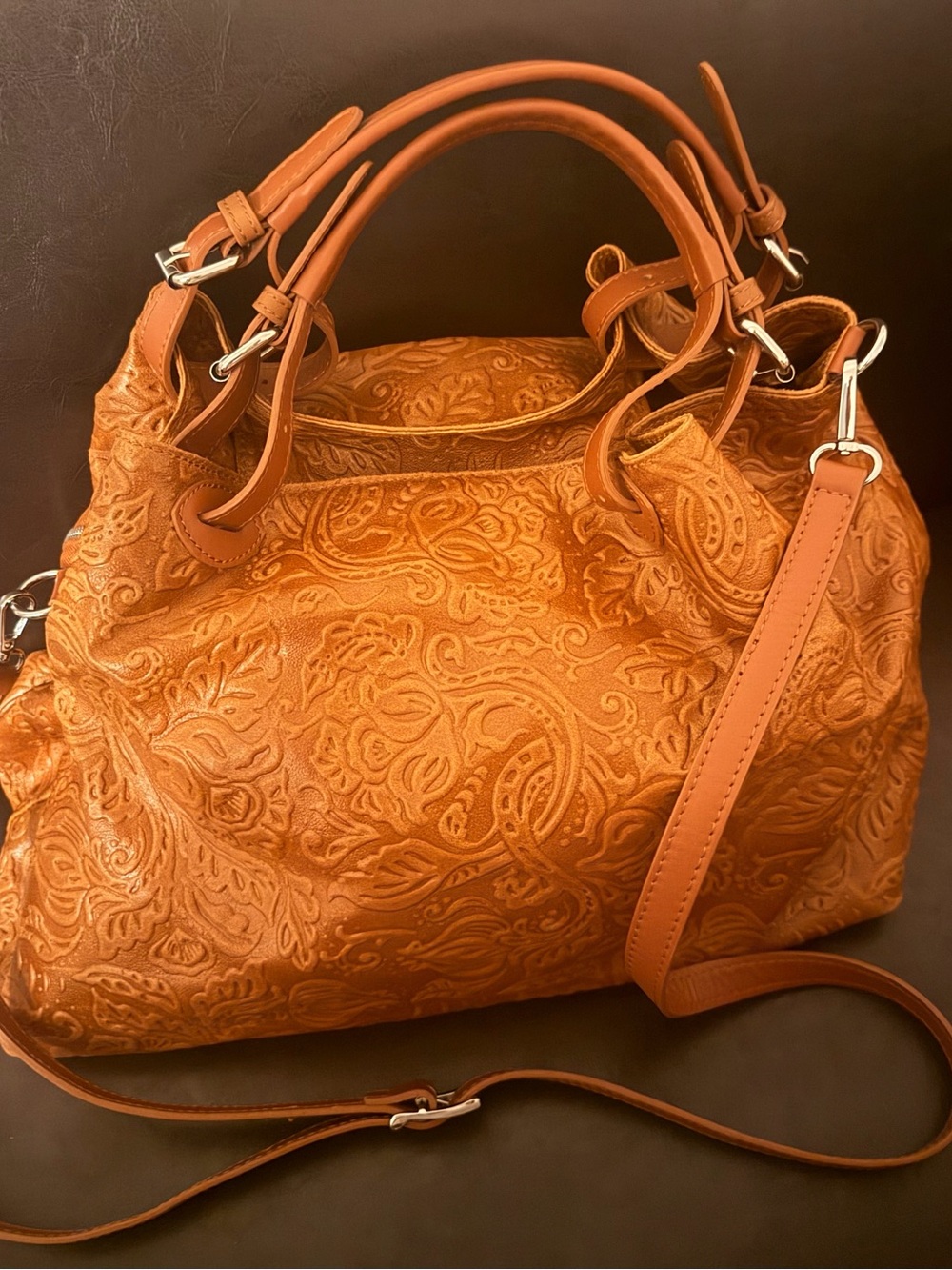 Cognac colored floral embossed Italian leather Satchel Handbag